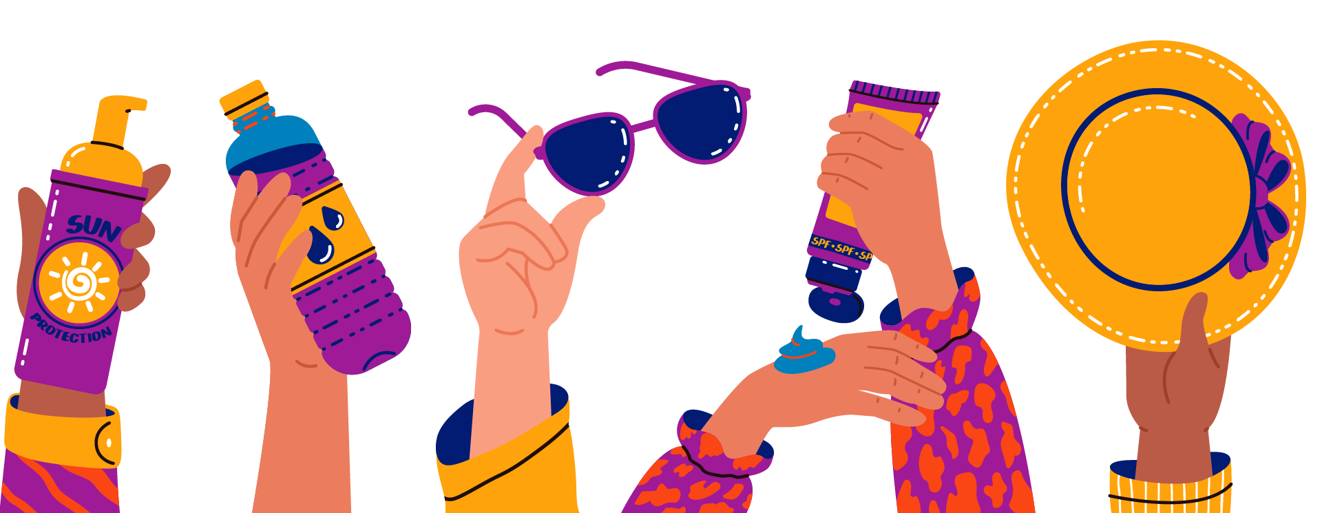 Image of hands holding up sunscreen, water, sunglasses, and hat